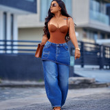 Women Street Washed Elastic Waist Straight Leg Denim Culottes