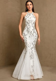 Women Halter Neck Beaded Sleeveless Mermaid Evening Dress