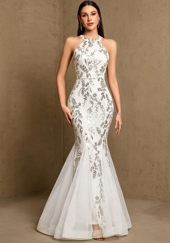 Women Halter Neck Beaded Sleeveless Mermaid Evening Dress