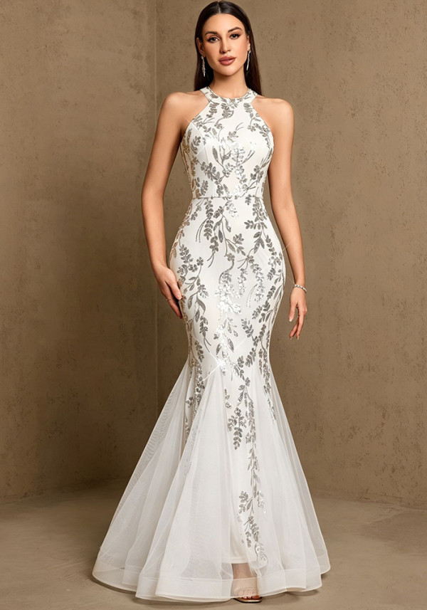 Women Halter Neck Beaded Sleeveless Mermaid Evening Dress