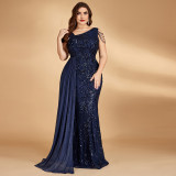 Women Plus Size Sequin Single Shoulder Sleeveless Beaded Ribbon Cocktail Formal Party Evening Dress