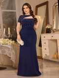 Women Plus Size Beaded Hollow Out Patchwork Mesh Short Sleeve Pleated Mermaid Evening Dress