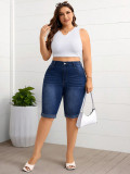 Women Plus Size Mid Waist Slim Fit Washed Blue Stretch Denim Knee-Length Shorts