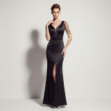 Women Sexy Deep V-Neck Tassel Shoulder High Split Mermaid Formal Party Long Dress