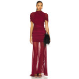 Summer Women Solid Color Mesh Patchwork Short Sleeve Ruched Train Fitted Long Dress