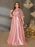 Women Sequin Embroidery Mother Of The Bride Dress Bat Half Sleeve Ruffle Plus Size Formal Long Dress