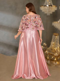 Women Sequin Embroidery Mother Of The Bride Dress Bat Half Sleeve Ruffle Plus Size Formal Long Dress