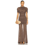 Summer Women Solid Color Mesh Patchwork Short Sleeve Ruched Train Fitted Long Dress