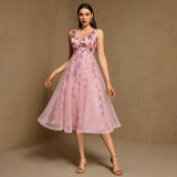 Summer Women V-Neck Sequin Mesh Midi Party Evening Dress