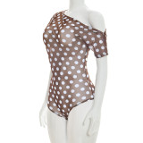 Spring & Summer Women Mesh See-Through Polka Dot Slash Shoulder Short Sleeve Fitted Bodysuit