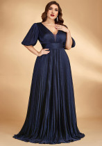 Women Plus Size Deep V-Neck Elegant Lantern Sleeve Pleated Sequin Formal Party Long Evening Dress