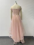 Summer Women Off Shoulder Sequin Patchwork Mesh Irregular Layered Party Midi Dress