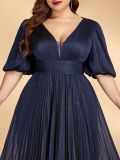 Women Plus Size Deep V-Neck Elegant Lantern Sleeve Pleated Sequin Formal Party Long Evening Dress