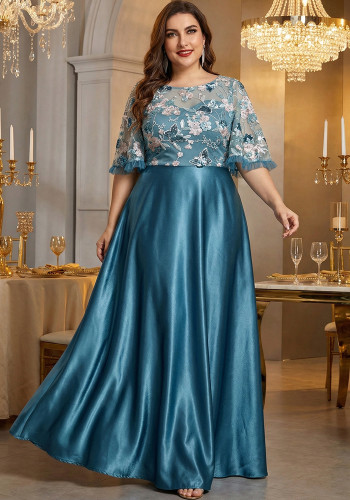 Women Sequin Embroidery Mother Of The Bride Dress Bat Half Sleeve Ruffle Plus Size Formal Long Dress