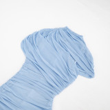 Summer Women Solid Color Mesh Patchwork Short Sleeve Ruched Train Fitted Long Dress