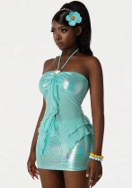 Women Solid Color Stretch Sexy Halter Neck Lace-Up Strapless Vest Top & Bodycon Mini Skirt Two-Piece Set