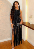 Women Fashion Chic Sleeveless Round Neck Slim Fit Elegant Beaded Long Dress