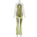 Spring Women Sexy Low Back Lace-Up Halter Neck Flared Long Jumpsuit