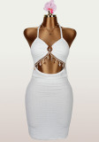 Holidays Women Solid Color Chic Halter Neck Hollow Out Low Back Sexy Mini Dress