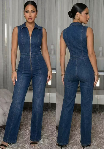 Women Sexy Patchwork Sleeveless Zipper Turndown Collar Fitted Denim Jumpsuit
