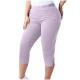 Women Plus Size Slit Basic Elastic Waist Tight Capri Pants