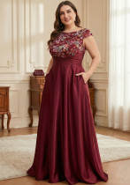 Women Sweet Embroidery Formal Party Plus Size Irregular Neck Pleated Cross Waist Evening Long Satin Dress