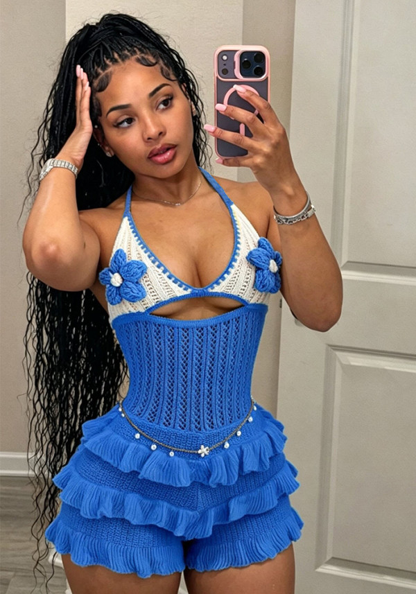 Summer Women Knitting Crochet Halter Neck Lace-Up Hollow Out Jumpsuit