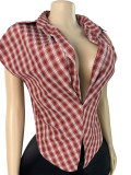 Women Fashion Plaid Turndown Collar Deep V Slim Waist Sleeveless Crop Top