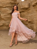 Summer Women Off Shoulder Sequin Patchwork Mesh Irregular Layered Party Midi Dress
