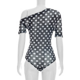 Spring & Summer Women Mesh See-Through Polka Dot Slash Shoulder Short Sleeve Fitted Bodysuit