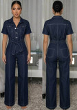 Summer Women Denim Casual Turndown Collar Button Belt Jumpsuit
