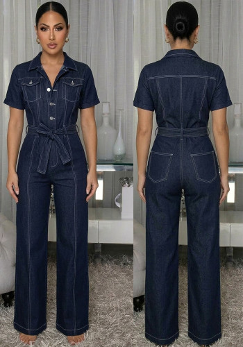 Summer Women Denim Casual Turndown Collar Button Belt Jumpsuit