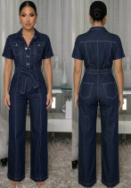 Summer Women Denim Casual Turndown Collar Button Belt Jumpsuit Summer Women Denim Casual Turndown Collar Button Belt Jumpsuit