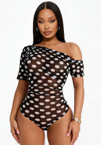 Spring & Summer Women Mesh See-Through Polka Dot Slash Shoulder Short Sleeve Fitted Bodysuit