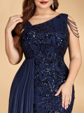 Women Plus Size Sequin Single Shoulder Sleeveless Beaded Ribbon Cocktail Formal Party Evening Dress