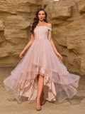 Summer Women Off Shoulder Sequin Patchwork Mesh Irregular Layered Party Midi Dress