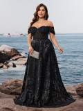 Summer Women Plus Size Off Shoulder Slim Waist A-Line Lace-Up Jacquard Elegant Mother Of The Bride Dress