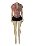 Women Fashion Plaid Turndown Collar Deep V Slim Waist Sleeveless Crop Top