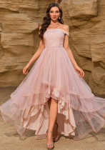 Summer Women Off Shoulder Sequin Patchwork Mesh Irregular Layered Party Midi Dress