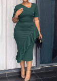 Women Casual Elegant Short Sleeve Button Ruffle V-Neck A-Line Dress