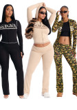 Women Solid Color Letter Print Stretch Sports Zip Hooded Top & Pants Set