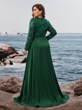Women V-Neck Pleated Ball Gown Elegant Long Sleeve Sequin Plus Size Split Applique Evening Dress