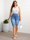 Women Plus Size Mid Waist Slim Fit Washed Blue Stretch Denim Knee-Length Shorts