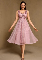 Summer Women V-Neck Sequin Mesh Midi Party Evening Dress