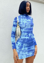 Women Tie-Dye Printed Stand Collar Long Sleeve Bodycon Nightclub Dress