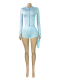 Women Fashion Hooded Zipper Long Sleeve Shorts Three-Piece Set (With Headband)