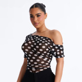 Spring & Summer Women Mesh See-Through Polka Dot Slash Shoulder Short Sleeve Fitted Bodysuit