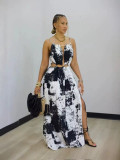 Women Sleeveless Hollow Out Low Back Print Long Dress