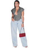 Women Fashion Plaid Turndown Collar Deep V Slim Waist Sleeveless Crop Top