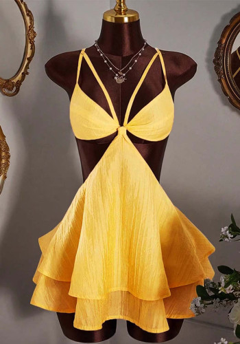 Holidays Women Solid Color Chic Lace-Up Sexy Hollow Out Strap Multi-Layer Mini Dress